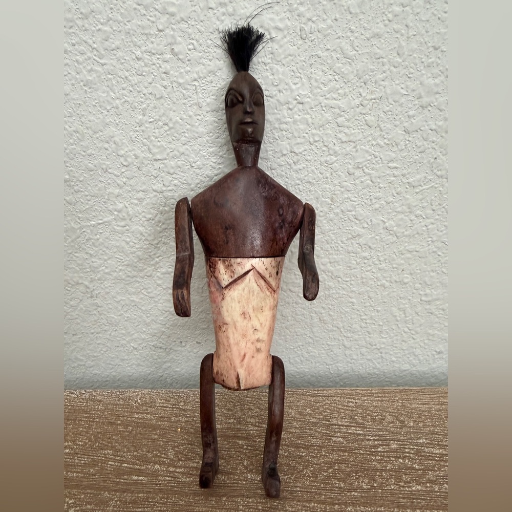 Vintage African Tribal Style Wood Carved Figurine Hair Tuft Articulated 7.5”